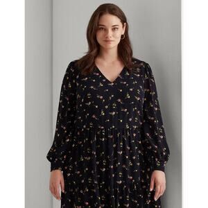 Ralph Lauren Floral Long Sleeve VNeck Crepe Style Mini Length Dress Navy size 10